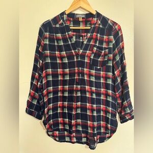 Market & Spruce Women’s popover blouse Medium Plaid Red Green navy